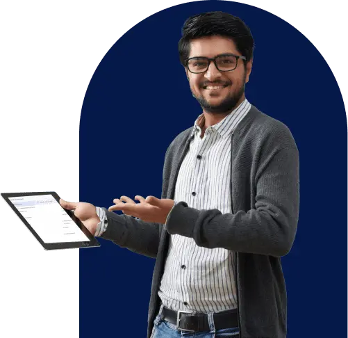 Smiling professional man presenting a tablet with content on the screen