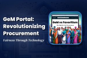"GeM Portal: Revolutionizing Procurement. Fairness Through Technology. The image features a headline 'GeM vs Favoritism: The Fight for Fair Procurement' with a diverse group of people standing together, symbolizing unity and fairness in procurement processes."
