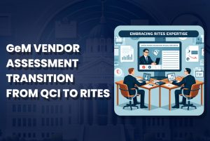 GeM Vendor Assessment Transition from QCI to RITES. The image shows two professionals sitting at desks with laptops, participating in an online vendor assessment process. The background includes charts, graphs, and a government building, highlighting the transition to RITES expertise in vendor assessments.